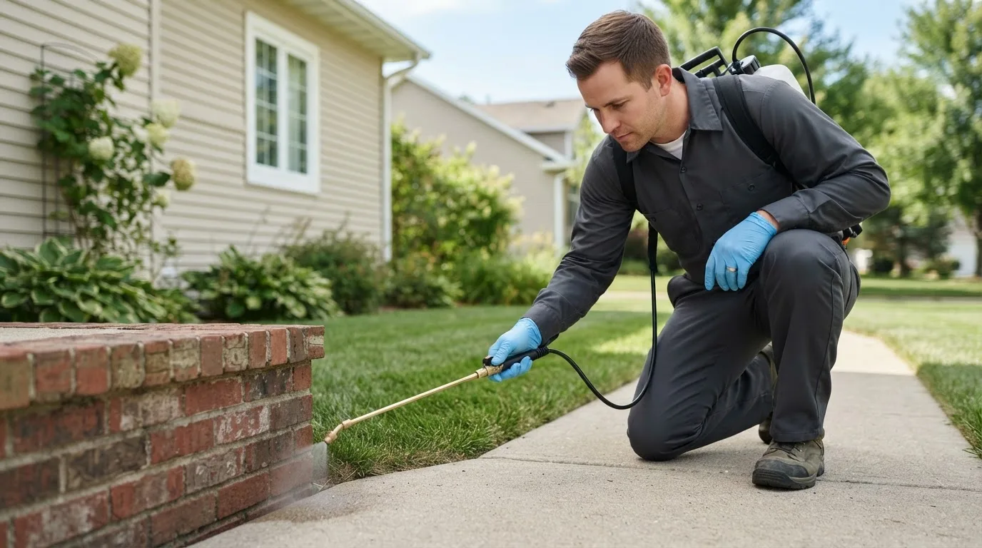 Pest control technician treating a home near Whitingham, VT